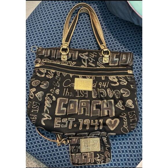 Coach Tote Shoulder Bag Womens Black Gold Poppy Graffiti Scribble with Wallet - Picture 1 of 1